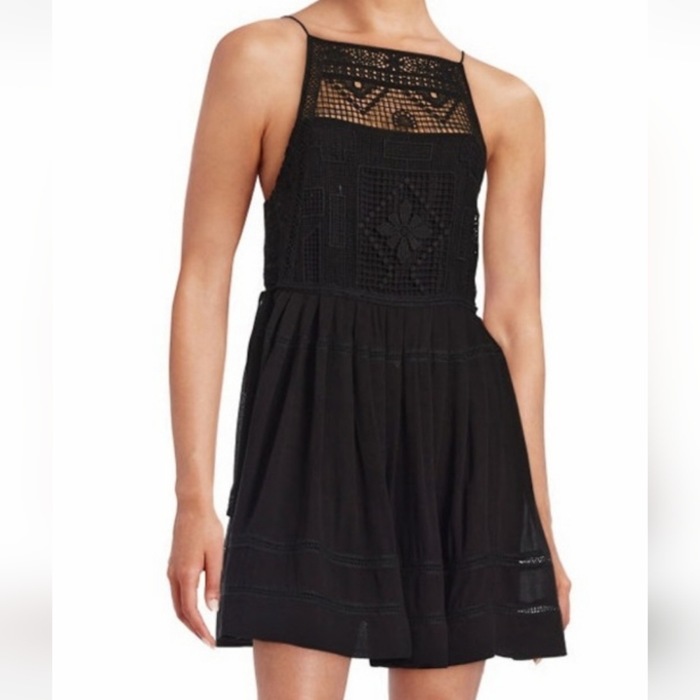 Free People Emily Black Crochet Illusion Fit & Flare Dress.